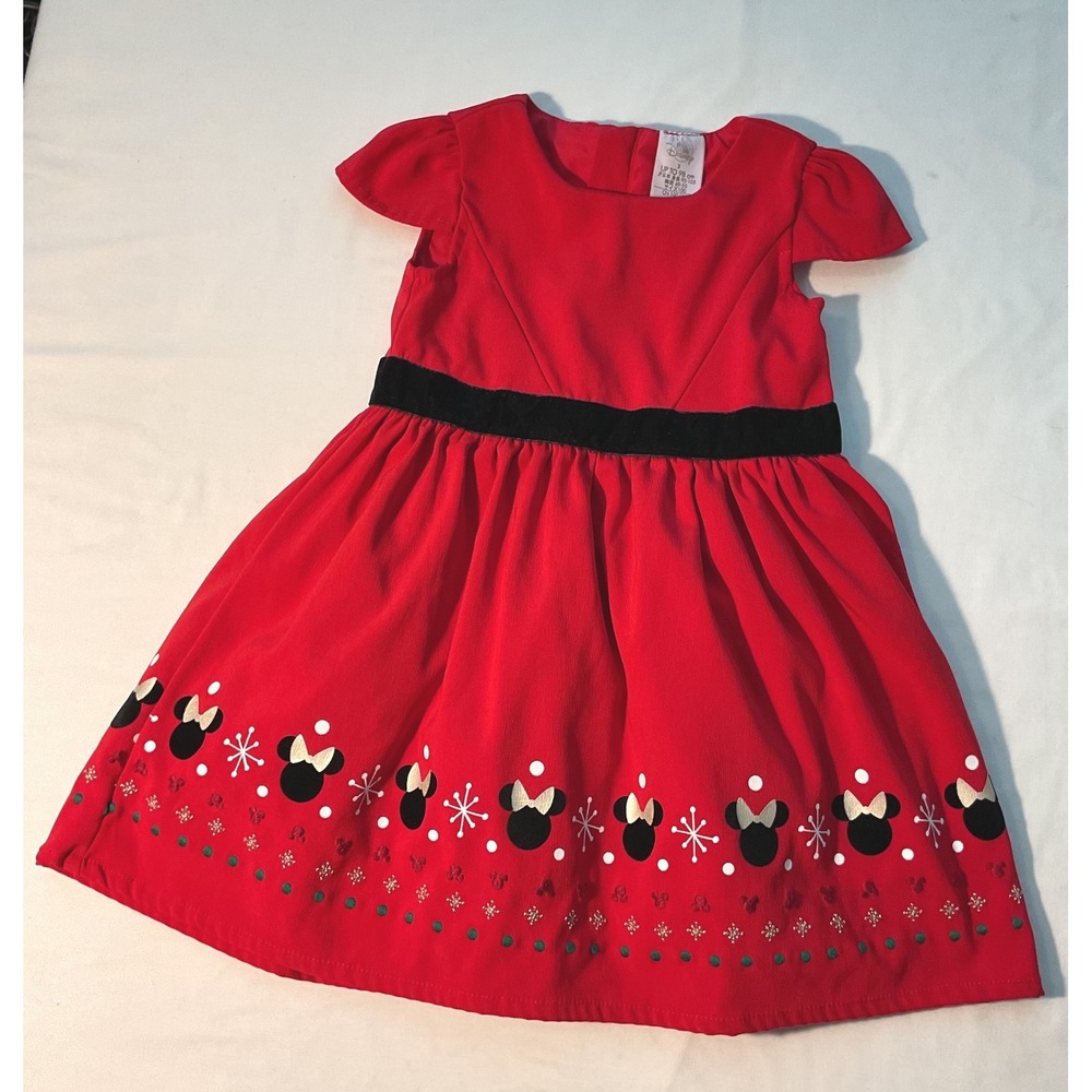 Disney Minnie Mouse Girls Red Holiday Dress Snowflakes Velvet Waist Size 3 100